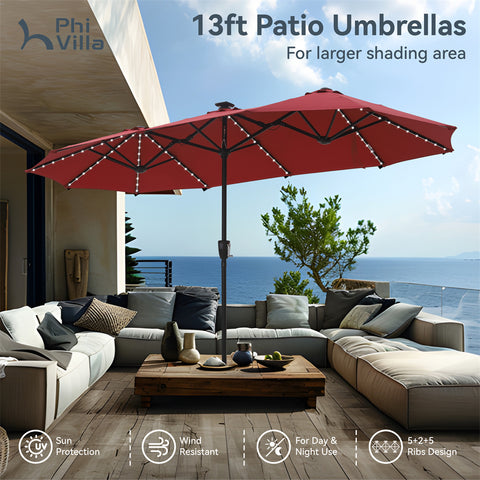 13ft Large Double-Sided Patio Umbrella with Solar Powered LED Lights
