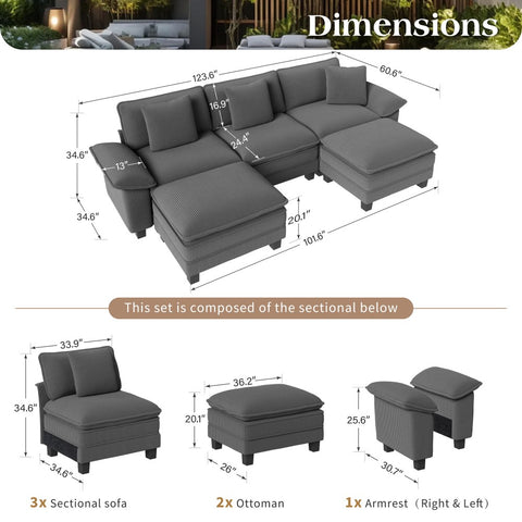 Corduroy Sectional Cloud Sofa with Removable Arms and Ottomans for Living Room