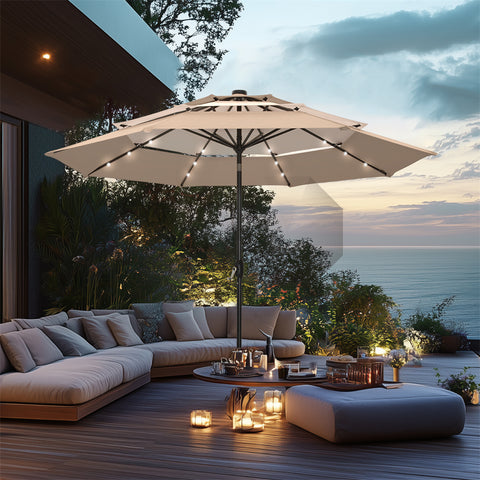 10ft 3 Tier Auto-tilt Patio Umbrella with Solar Powered LED Lights