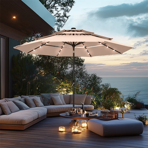 10ft 3 Tier Auto-tilt Patio Umbrella with Solar Powered LED Lights
