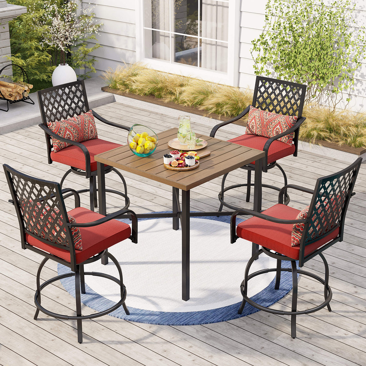 5-Piece Patio Bar Stool Set Teak-grain High Table & Extra-wide Steel Bar Stools