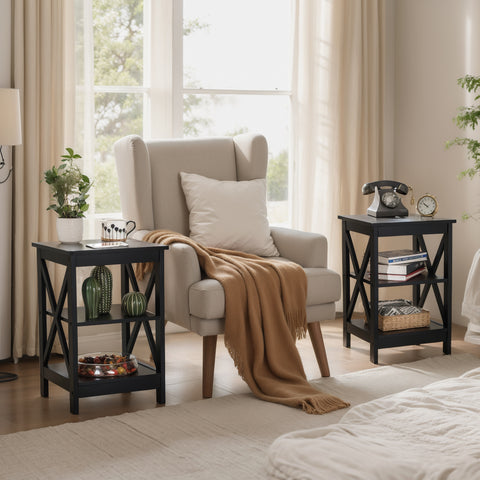 Black End Table Side Table for Living Room, Set of 2