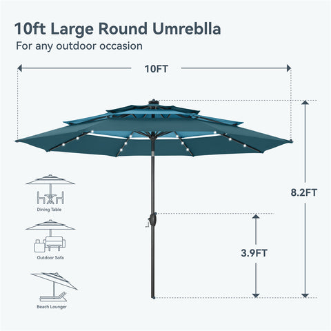10ft 3 Tier Auto-tilt Patio Umbrella with Solar Powered LED Lights