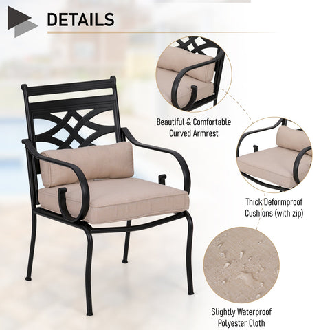 2-Piece Cast Iron Pattern Patio Fixed Dining Chairs with Thick Cushions