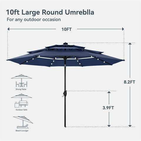 10ft 3 Tier Auto-tilt Patio Umbrella with Solar Powered LED Lights
