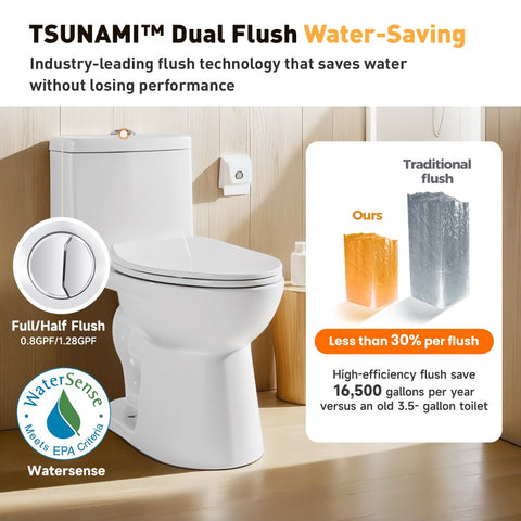 TSUNAMI FLUSH One Piece Dual Flush 17" Elongated Standard Bathroom Toilet