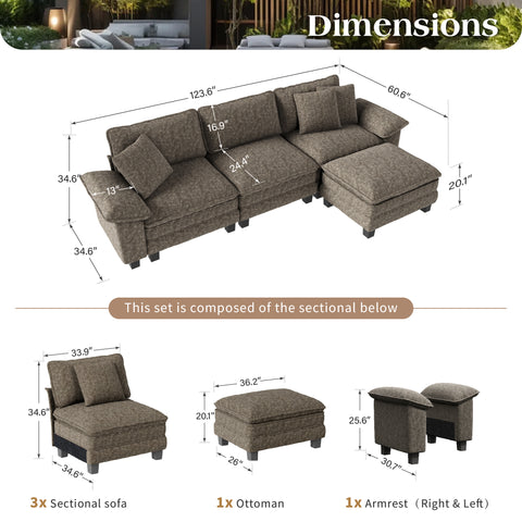 Modular Chenille Cloud Sofa with Ottoman for Living Room & Apartment