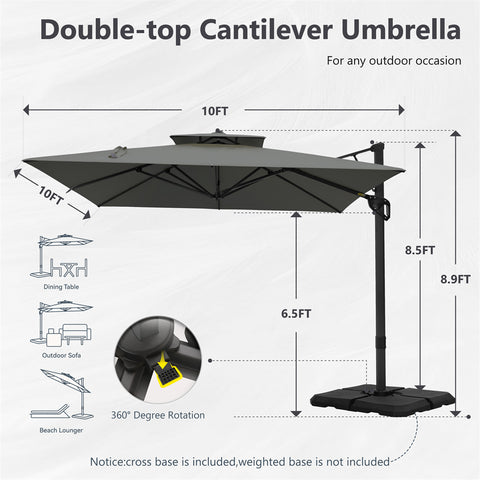 10ft Square/ Rectangular Patio Cantilever Offset Umbrellas for Garden, Pool