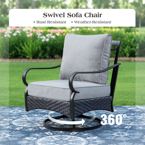 5-Seat Thick Cushion Steel-Rattan Patio Conversation Sofa Set with Coffee Table