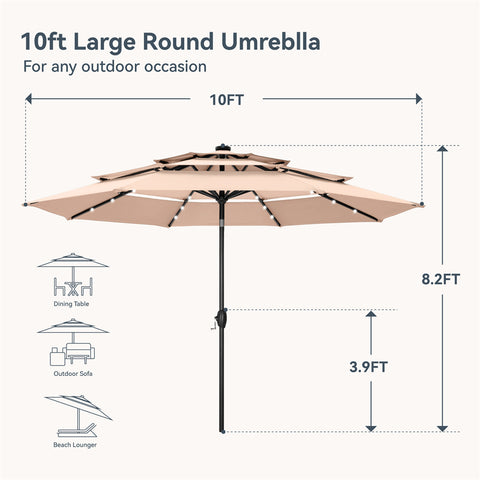 10ft 3 Tier Auto-tilt Patio Umbrella with Solar Powered LED Lights