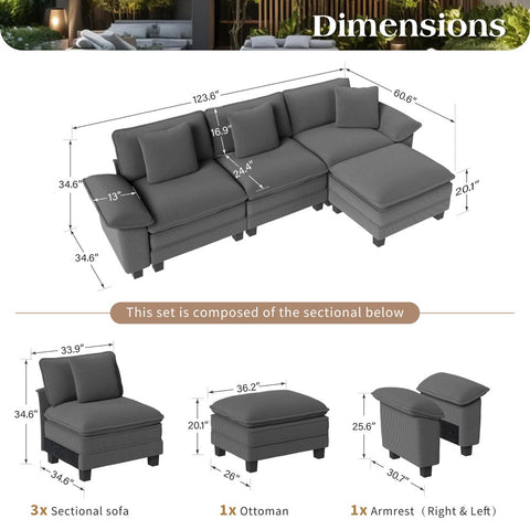 Corduroy Sectional Cloud Sofa with Removable Arms and Ottomans for Living Room