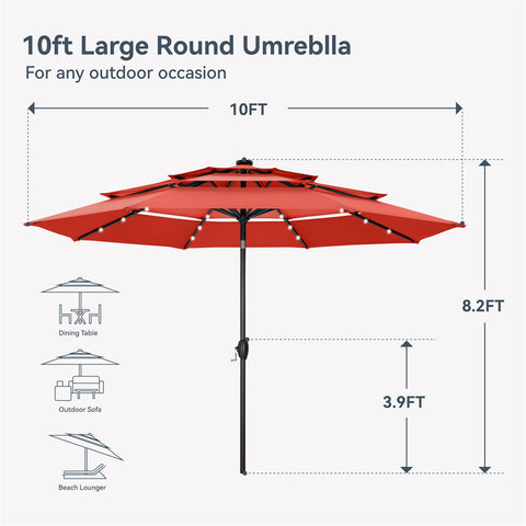 10ft 3 Tier Auto-tilt Patio Umbrella with Solar Powered LED Lights