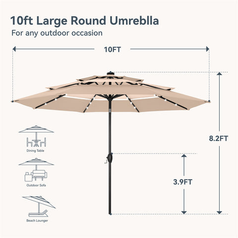 10ft 3 Tier Auto-tilt Patio Umbrella with Solar Powered LED Lights