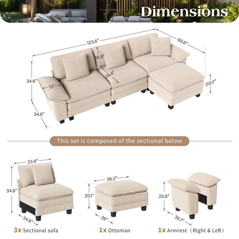 Corduroy Sectional Cloud Sofa with Removable Arms and Ottomans for Living Room