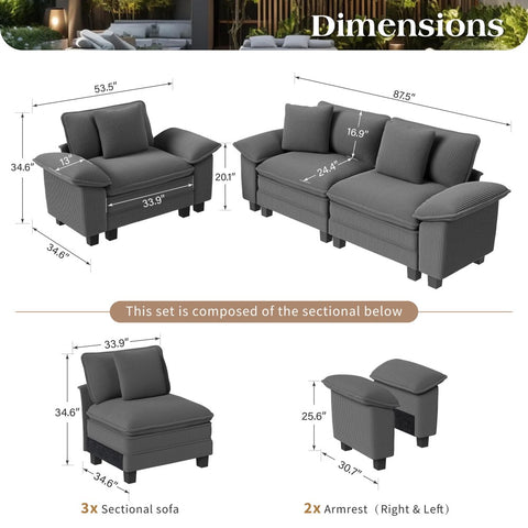Modern Corduroy Sectional Cloud Sofa Set with Deep Seats for Living Room