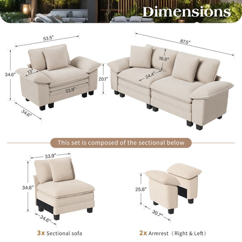 Modern Corduroy Sectional Cloud Sofa Set with Deep Seats for Living Room