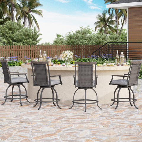 PHI VILLA Outdoor Swivel Bar Stools with Rattan Backrest & 3.5" Padded Grey Cushion