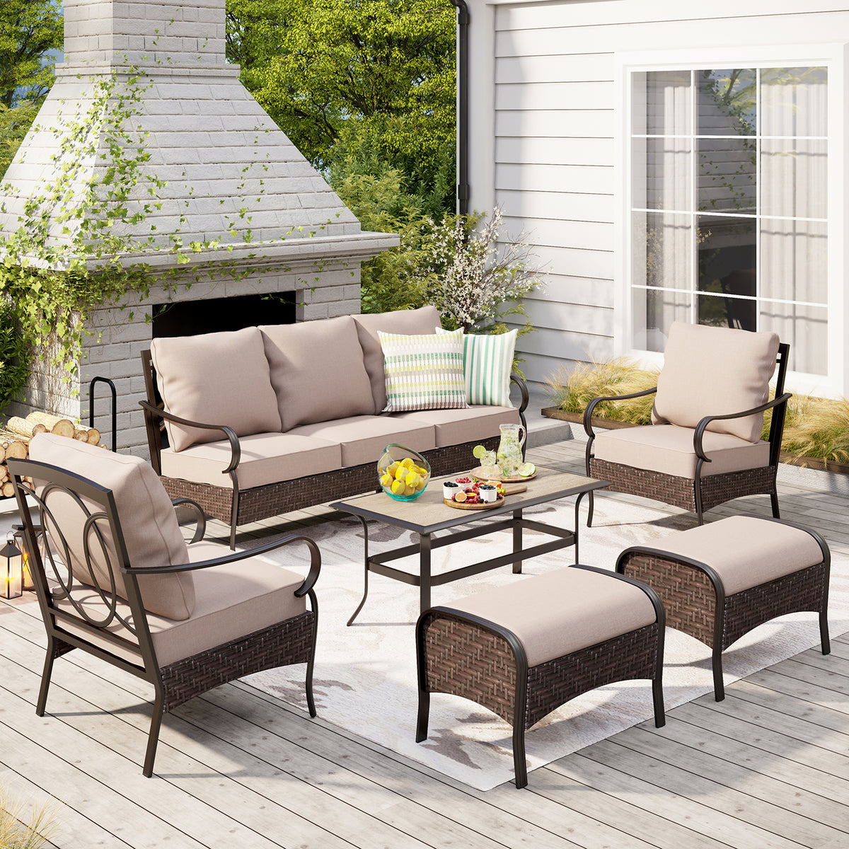 7-Seat Steel-Rattan Patio Conversation Sofa Set with Thick Cushions