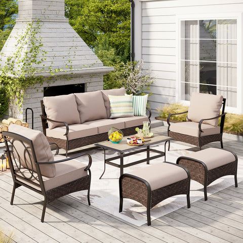 7-Seat Steel-Rattan Patio Conversation Sofa Set with Thick Cushions