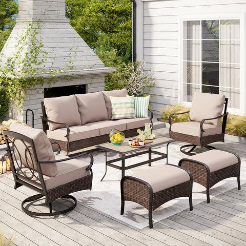 7-Seat Steel-Rattan Patio Conversation Sofa Set with Thick Cushions