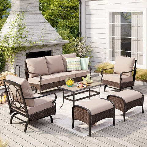7-Seat Steel-Rattan Patio Conversation Sofa Set with Thick Cushions