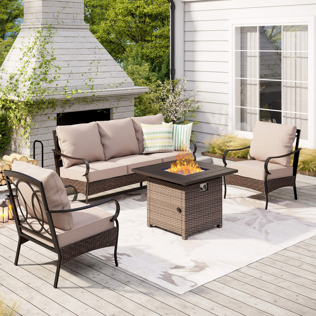 5-Seat Rattan-steel Luxury Padded Patio Conversation Set with Fire Pit Table