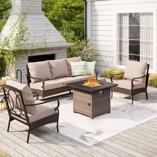 5-Seat Rattan-steel Luxury Padded Patio Conversation Set with Fire Pit Table