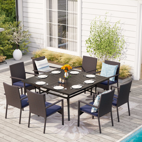 9-Piece Patio Dining Set Extra Large Square Table & Cushioned Rattan Fixed Chairs
