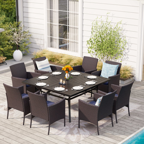 9-Piece Patio Dining Set Extra Large Square Table & Cushioned Rattan Fixed Chairs