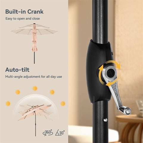 10ft 3 Tier Auto-tilt Patio Umbrella with Solar Powered LED Lights