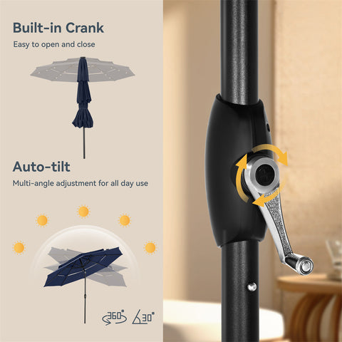 10ft 3 Tier Auto-tilt Patio Umbrella with Solar Powered LED Lights