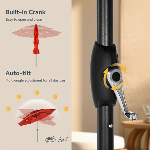 10ft 3 Tier Auto-tilt Patio Umbrella with Solar Powered LED Lights