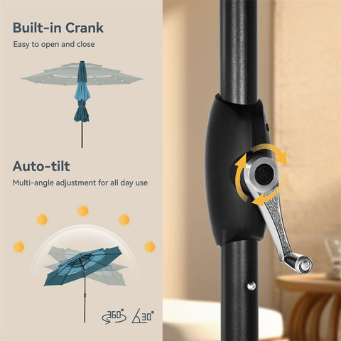 10ft 3 Tier Auto-tilt Patio Umbrella with Solar Powered LED Lights
