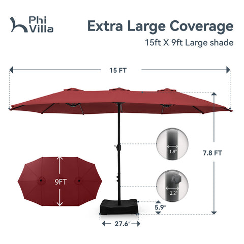 15ft Double-Sided Extra Large Patio Twin Umbrella (Base Included)