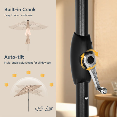 10ft 3 Tier Auto-tilt Patio Umbrella with Solar Powered LED Lights