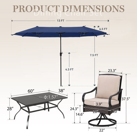 Luxurious Thick-Cushion Rattan-steel Swivel Chairs 7-Pcs Patio Dining Set