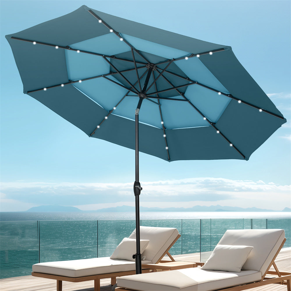 10ft 3 Tier Auto-tilt Patio Umbrella with Solar Powered LED Lights