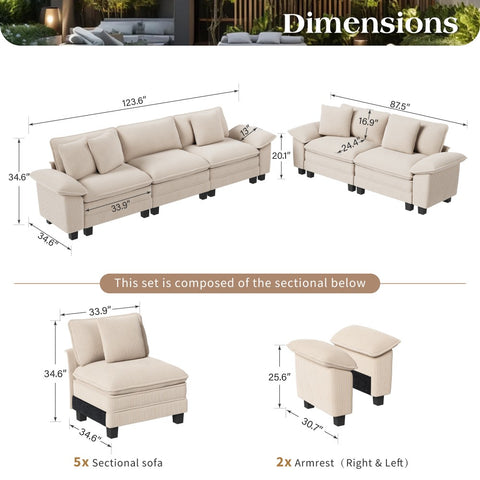 Modern Corduroy Sectional Cloud Sofa Set with Deep Seats for Living Room