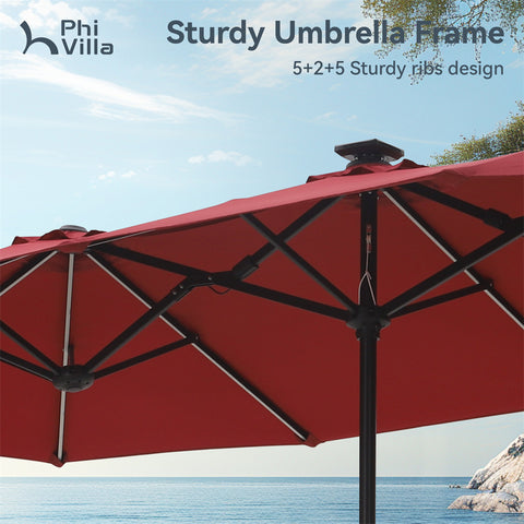 13ft Large Double-Sided Patio Umbrella with Solar Powered LED Lights