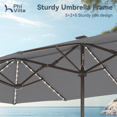 13ft Large Double-Sided Patio Umbrella with Solar Powered LED Lights