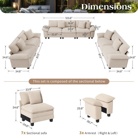 Modern Corduroy Sectional Cloud Sofa Set with Deep Seats for Living Room