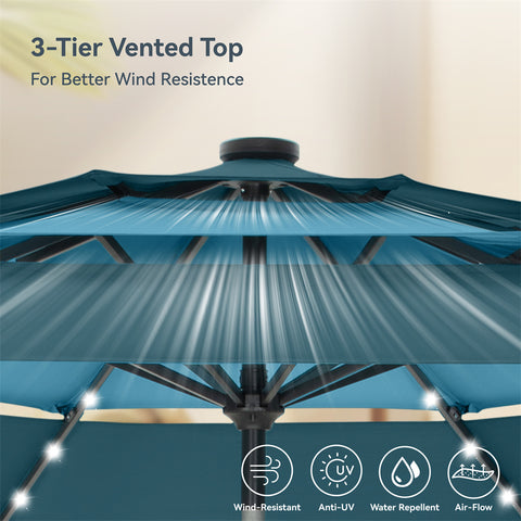 10ft 3 Tier Auto-tilt Patio Umbrella with Solar Powered LED Lights