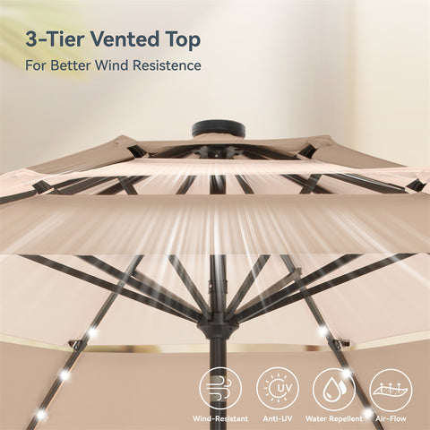 10ft 3 Tier Auto-tilt Patio Umbrella with Solar Powered LED Lights