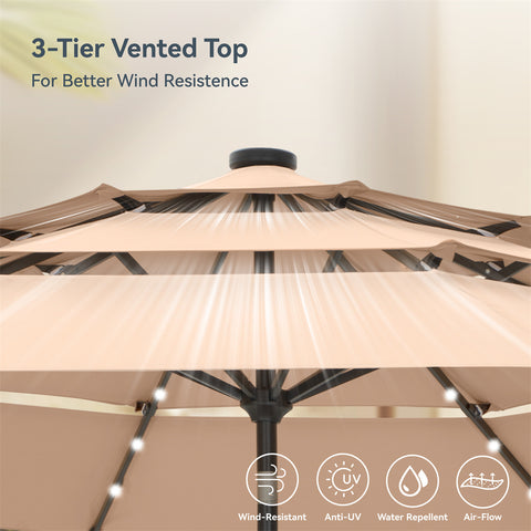 10ft 3 Tier Auto-tilt Patio Umbrella with Solar Powered LED Lights
