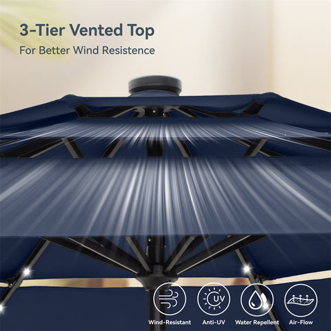 10ft 3 Tier Auto-tilt Patio Umbrella with Solar Powered LED Lights