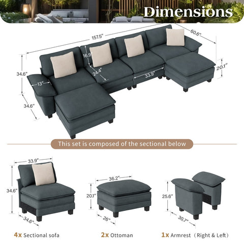 Modular Chenille Cloud Sofa with Ottoman for Living Room & Apartment