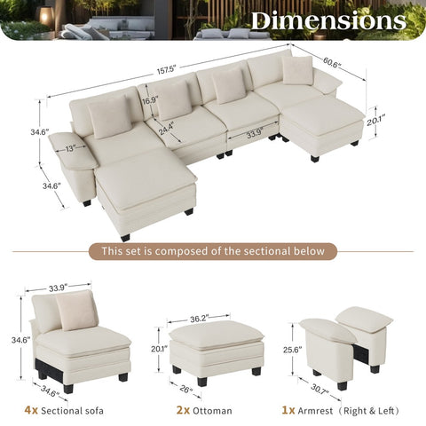 Modular Chenille Cloud Sofa with Ottoman for Living Room & Apartment