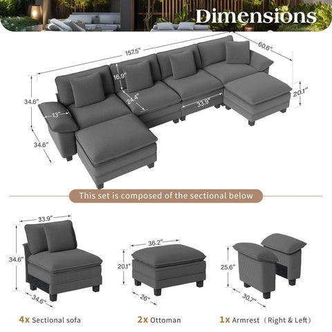 Corduroy Sectional Cloud Sofa with Removable Arms and Ottomans for Living Room