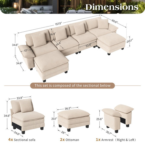 Corduroy Sectional Cloud Sofa with Removable Arms and Ottomans for Living Room