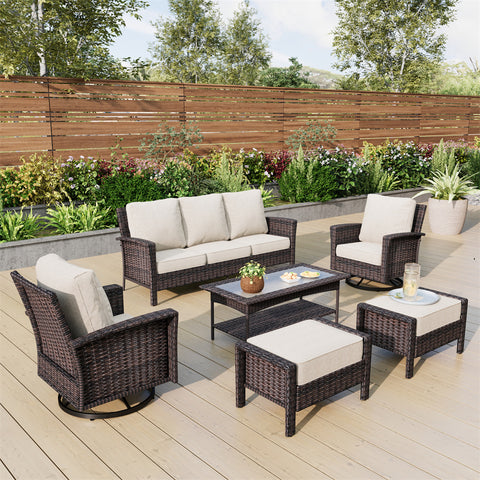 5 Seats Wicker Patio Conversation Sofa Set with Swivel Chairs